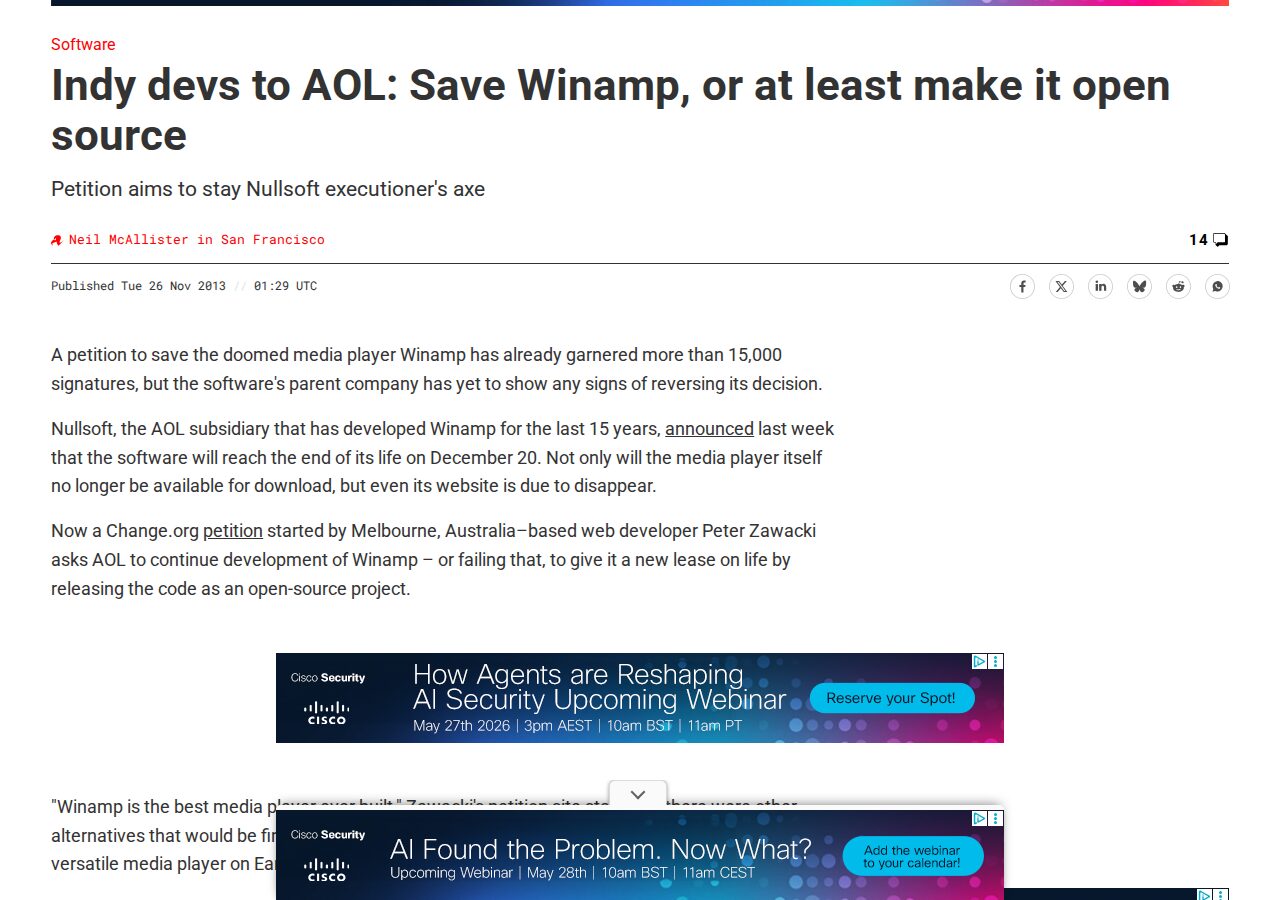 The Register article: Indy devs to AOL: Save Winamp, or at least make it open source.