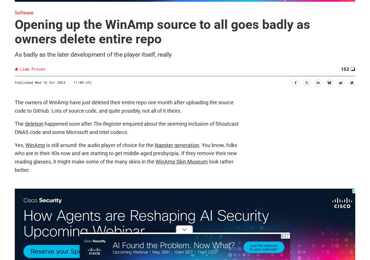 The Register article on the proprietary code discovered in the Winamp repo.