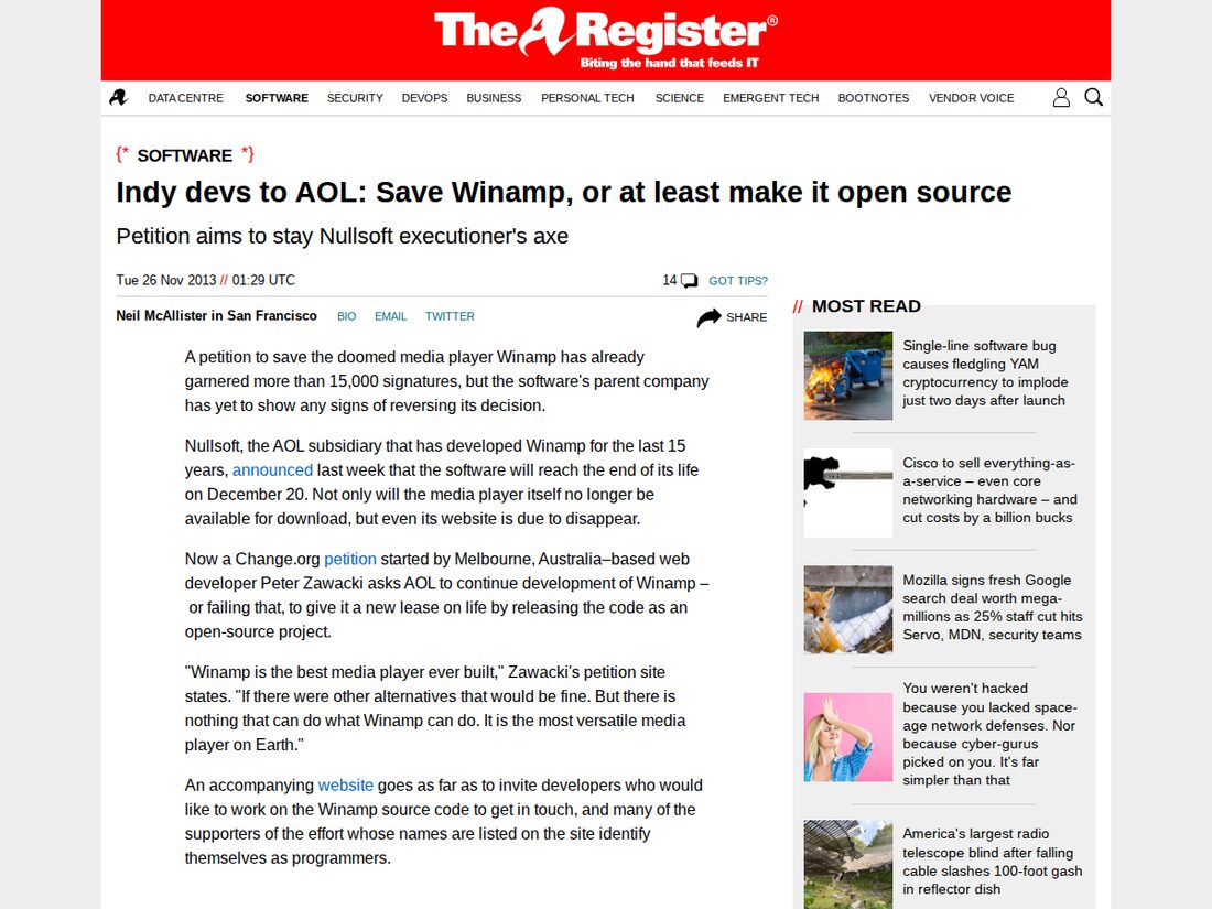The Register's coverage of the Save Winamp petition.